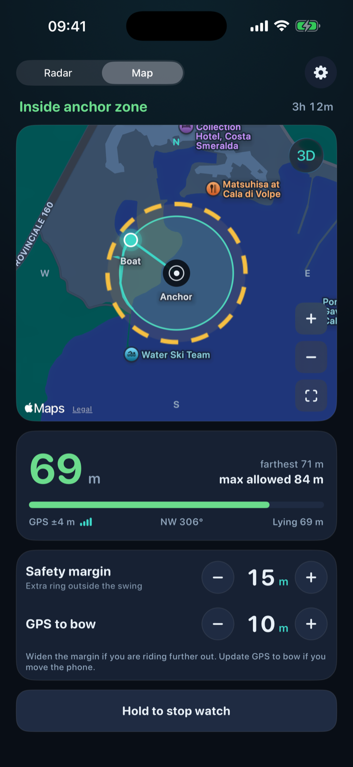 Map of an anchorage with swing and alarm circles