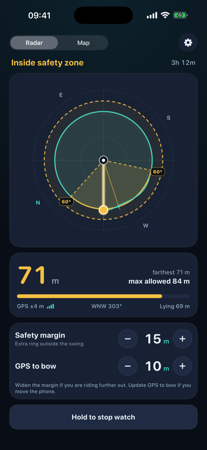 Radar view, 71 metres from the hook, inside the safety zone