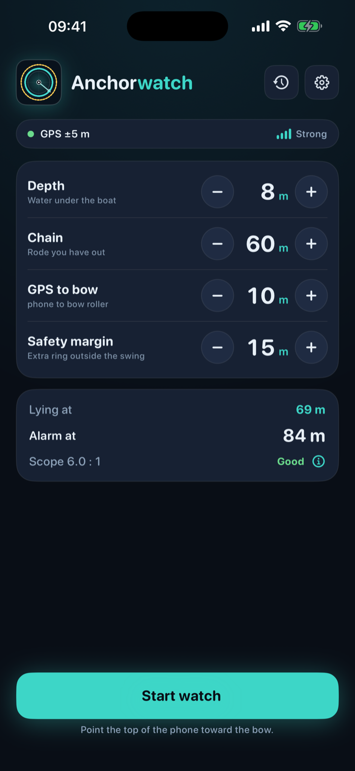 Setup with 8 m depth, 60 m chain, and Start watch